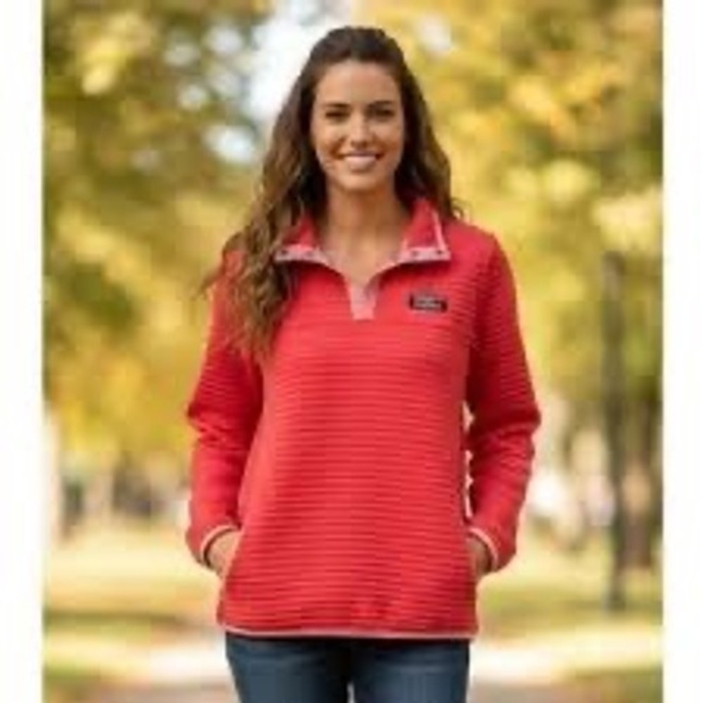 LL Bean Women Red Quilted Fleece Pullover Snap Neck Sweatshirt M Petite 506835